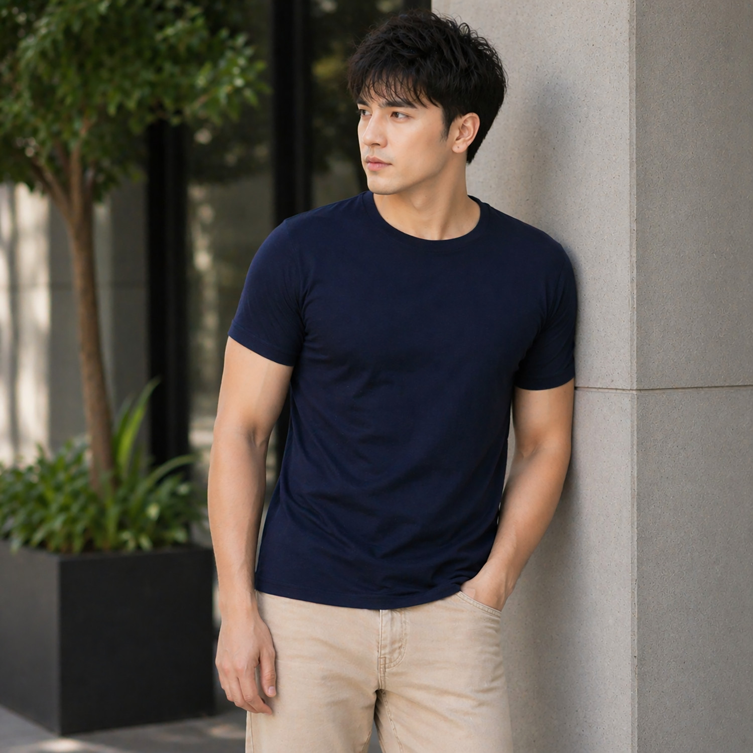 Image of Creation By London Hills Pack of 2 Men Solid Round Neck Cotton Blend Dark Blue, White T-Shirt