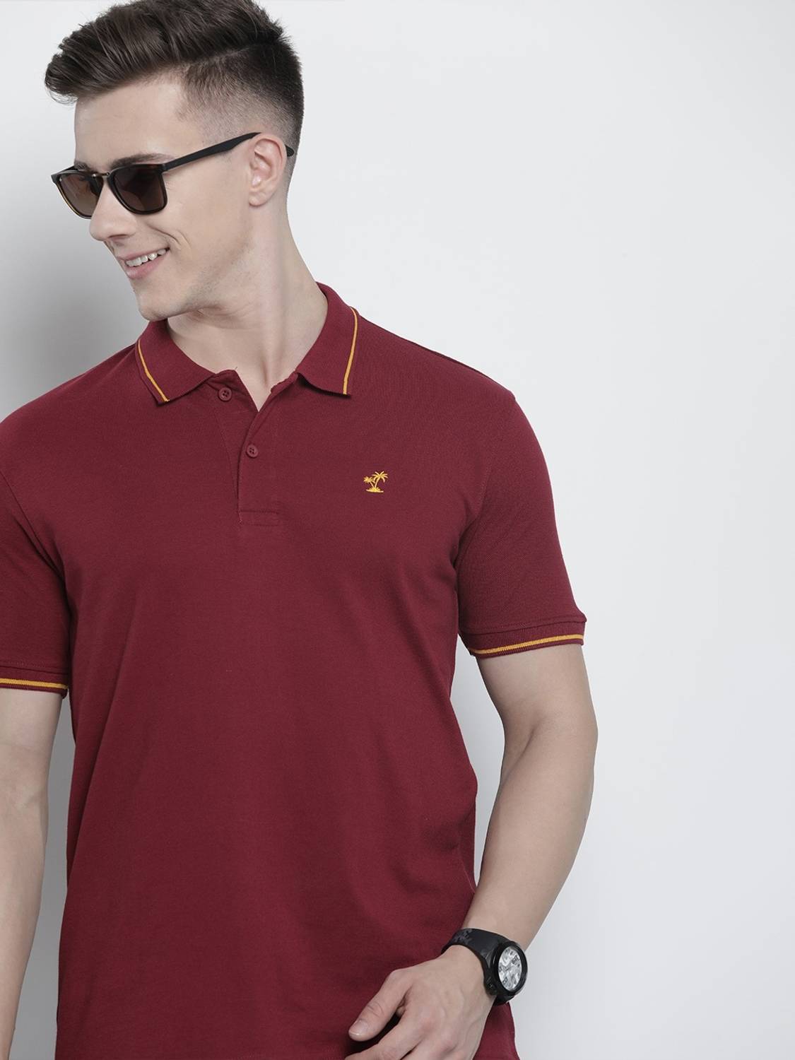 The Indian Garage Co. Men Solid Polo Neck Cotton Blend Red T-Shir