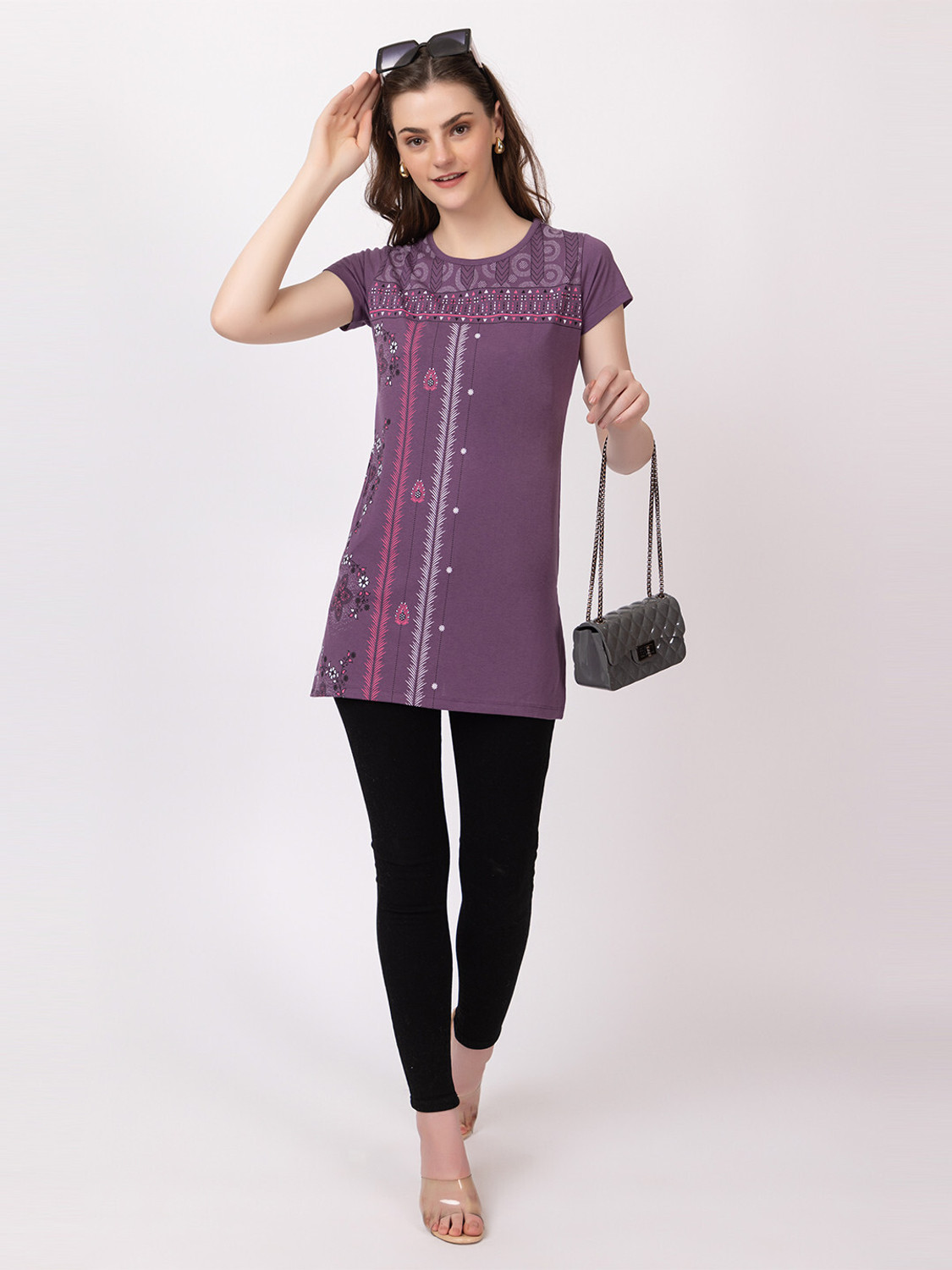 Image of Star Touch Printed Women Round Neck Purple T-Shirt