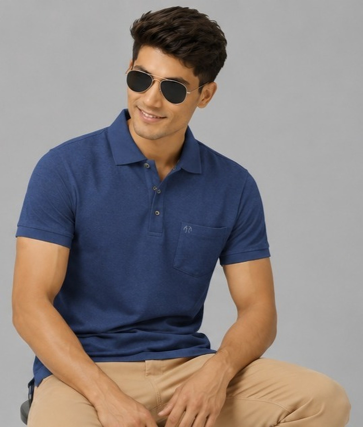 Image of Trend Twist Self Design Men Polo Neck Blue T-Shirt