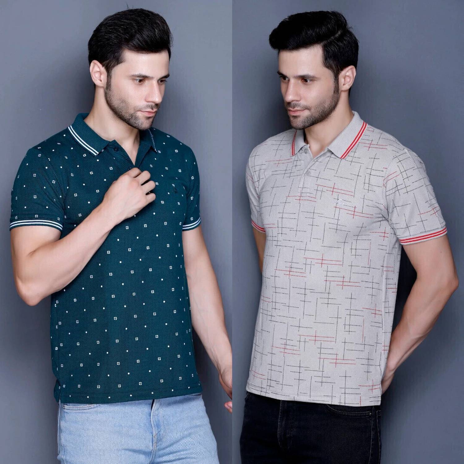 MELLOWMEN Pack of 2 Men Polka Print, Printed Polo Neck Cotton Ble