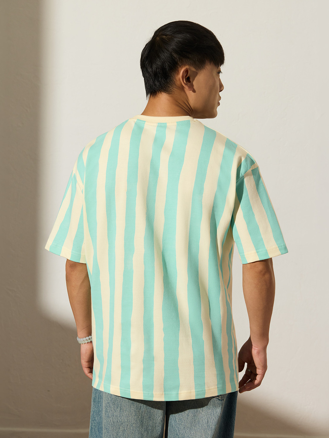 Image of The Souled Store Striped Men Round Neck Light Green T-Shirt
