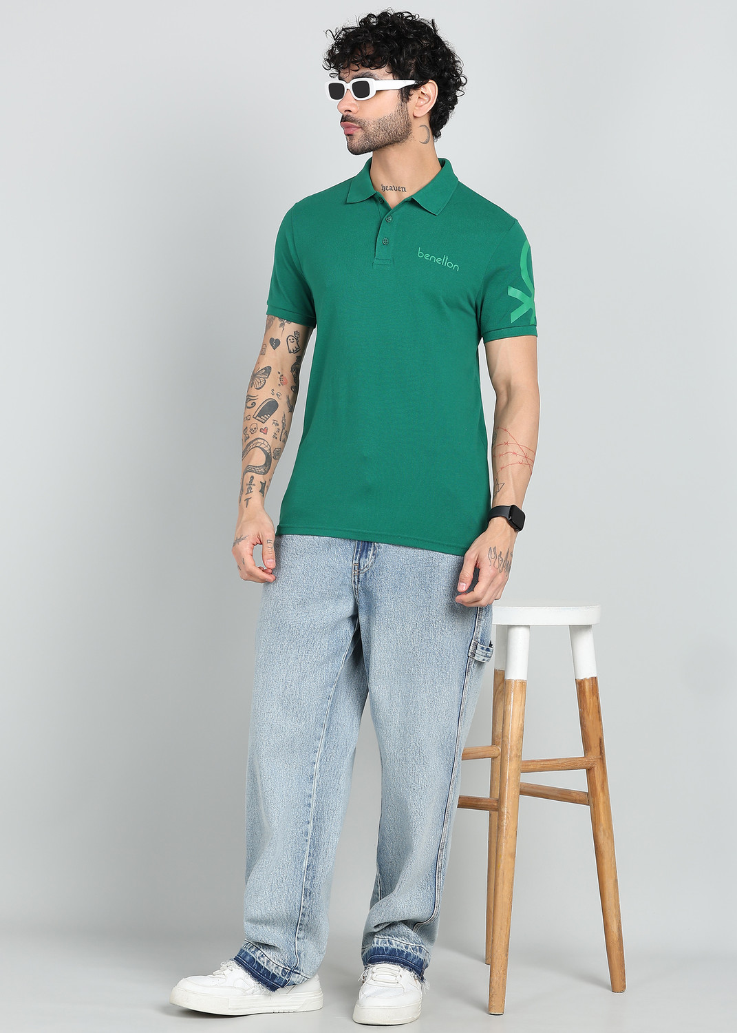 Image of United Colors of Benetton Solid Men Polo Neck Green T-Shirt