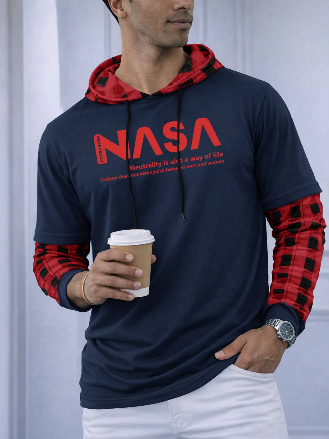 EyeBogler Men Colorblock Hooded Neck Cotton Blend Blue, Red T-Shi