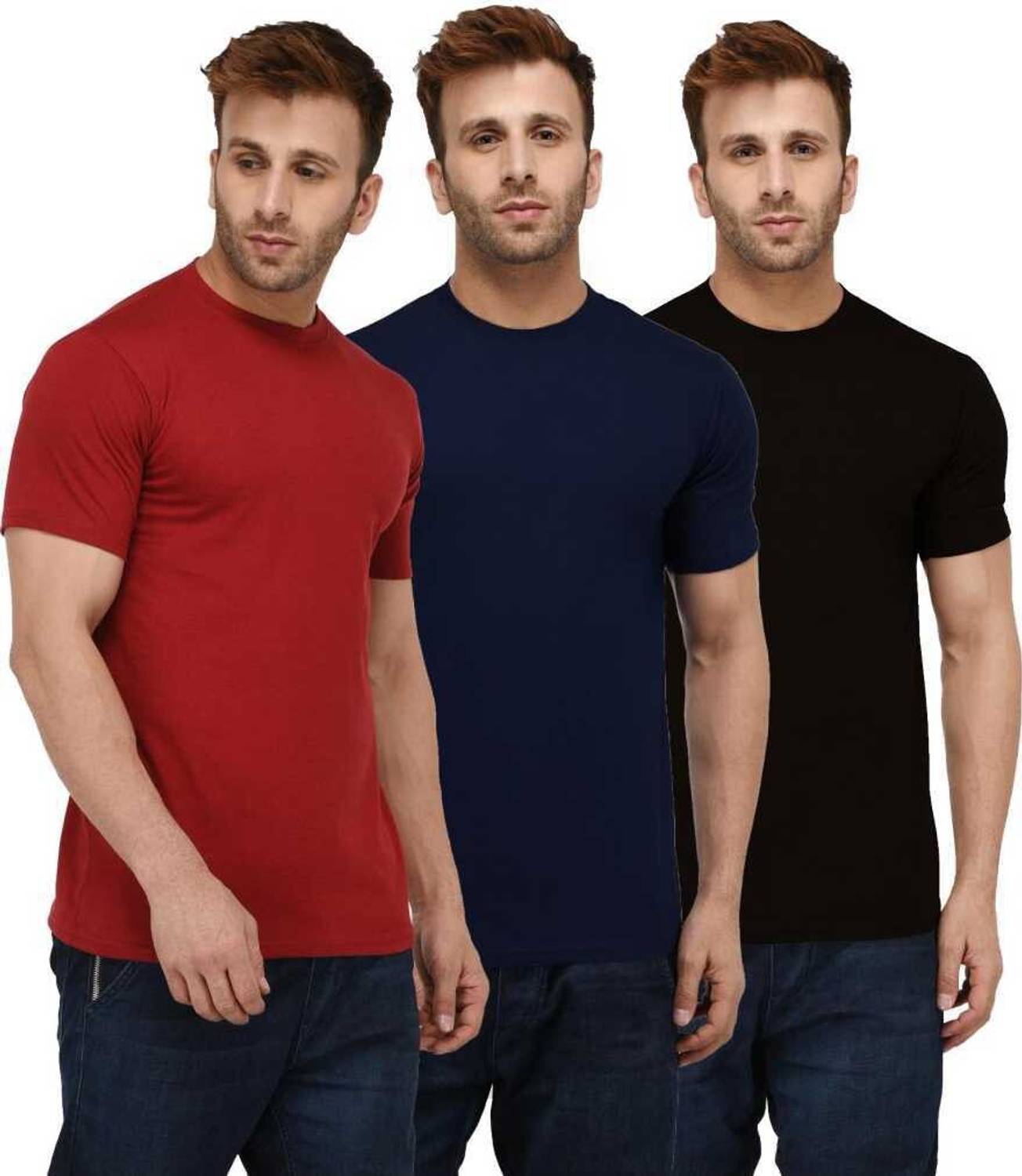 INKKR Pack of 3 Men Solid Round Neck Cotton Blend Multicolor T-Sh