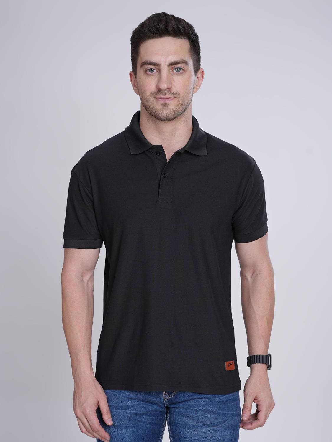 Polo Plus Men Solid Polo Neck Polycotton Black T-Shirt