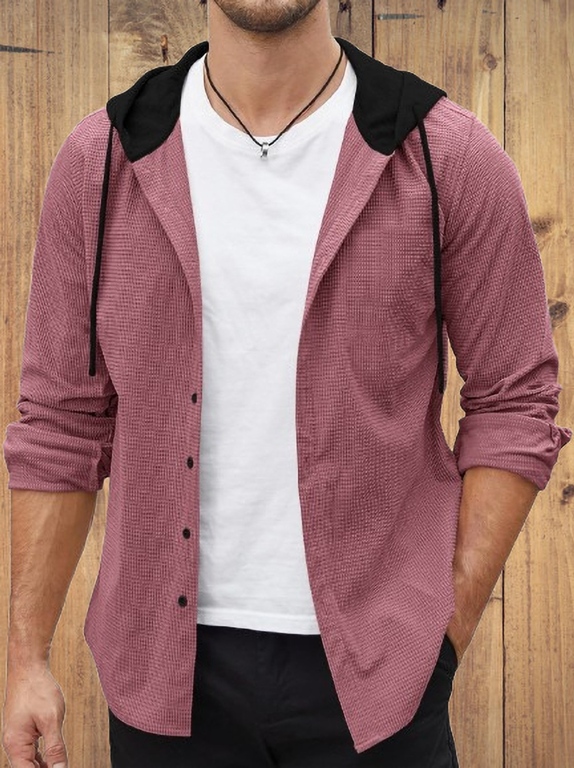 Image of TEEMEX Solid Men Hooded Neck Pink T-Shirt