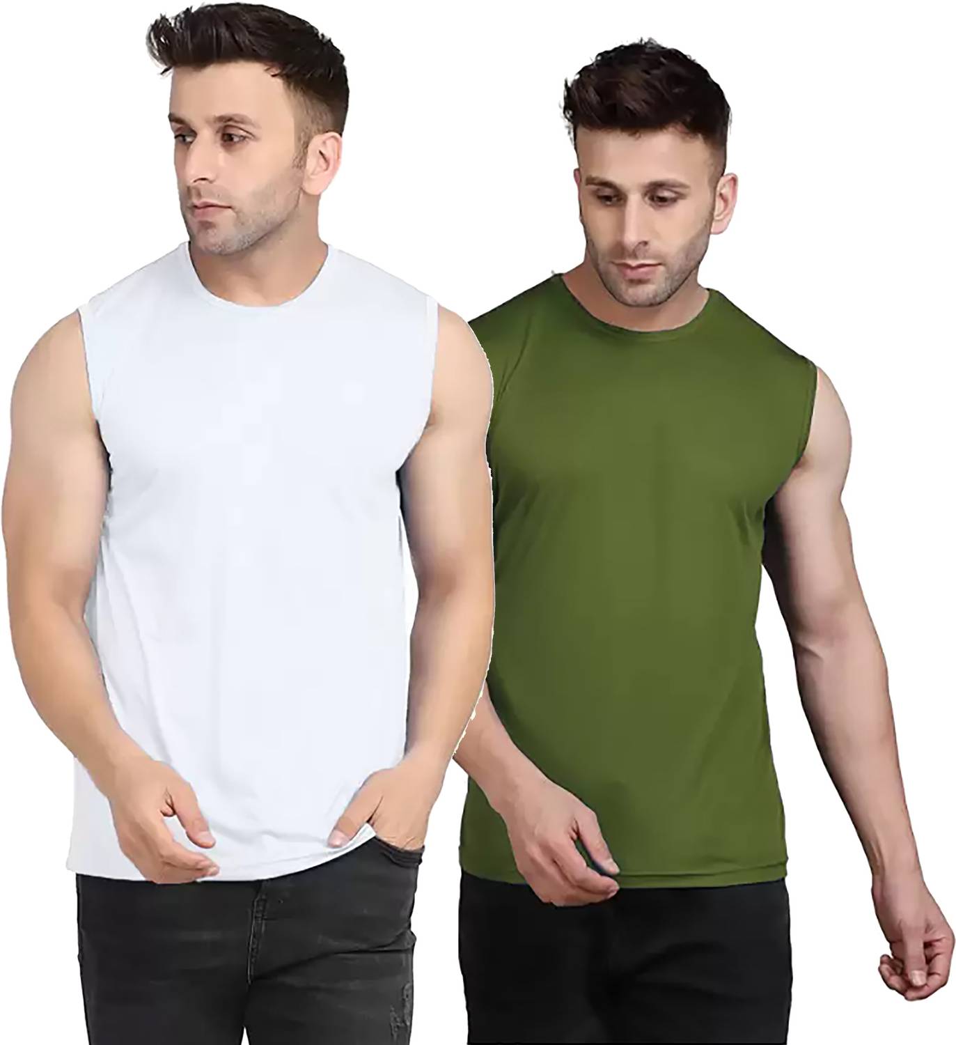 Renowned Pack of 2 Men Solid Round Neck Polyester White, Dark Gre