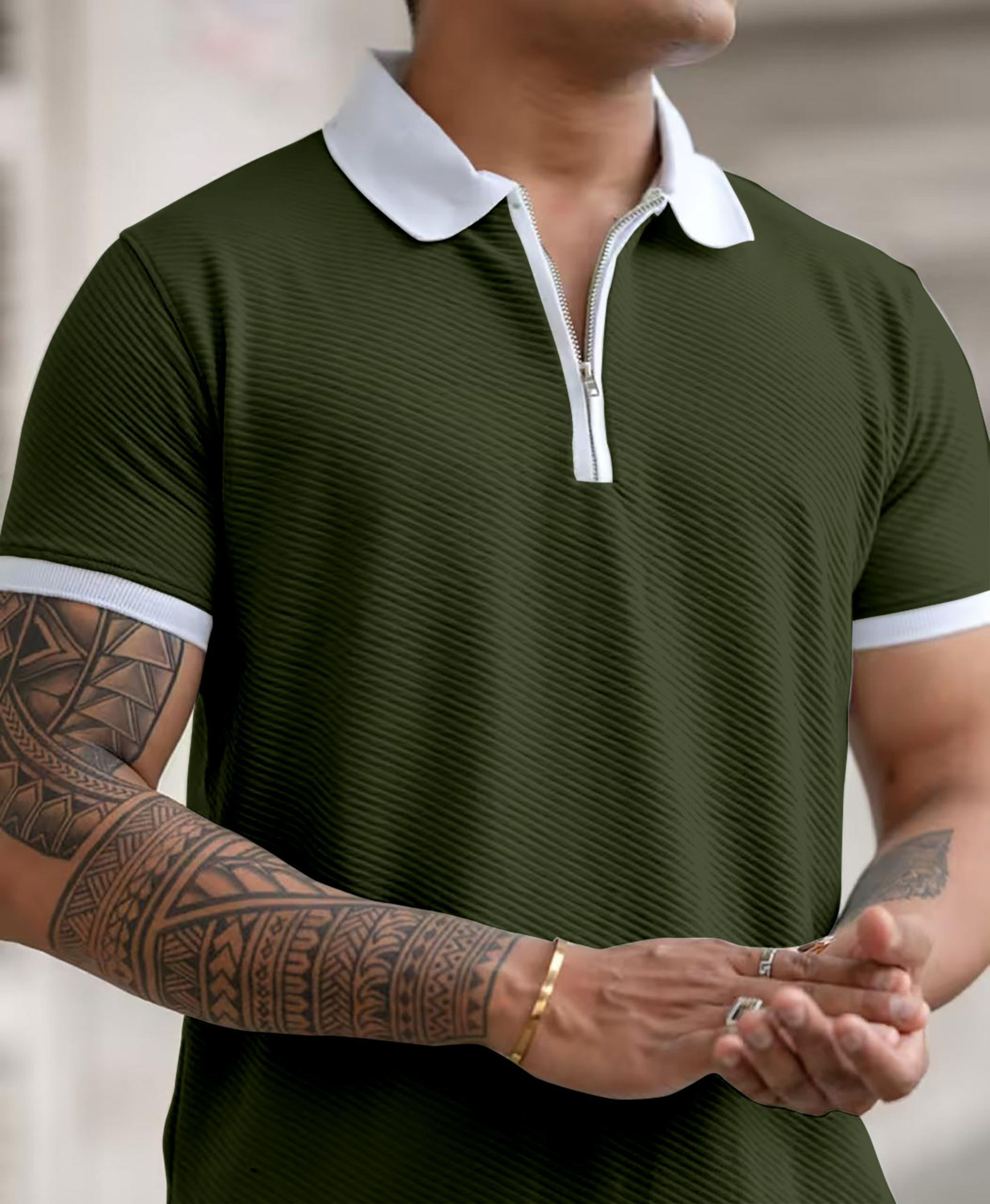 Image of COMBRAIDED Self Design Men Polo Neck Green T-Shirt