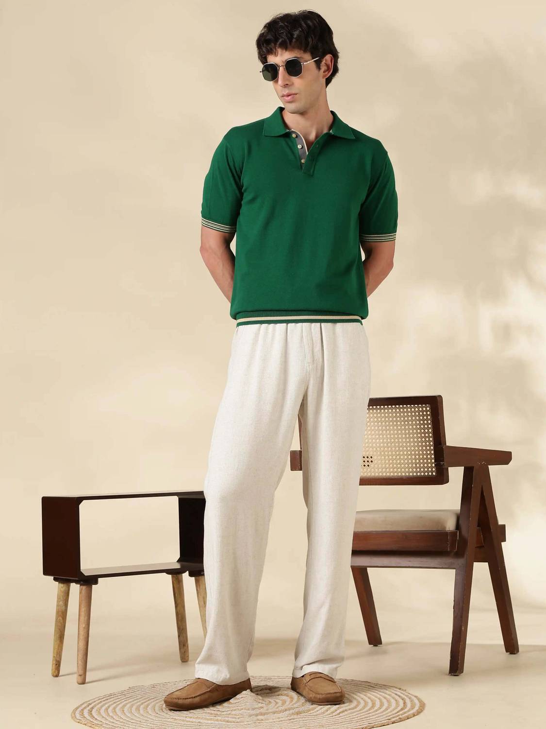 MR BUTTON Solid Men Polo Neck Green T-Shirt - Image 2