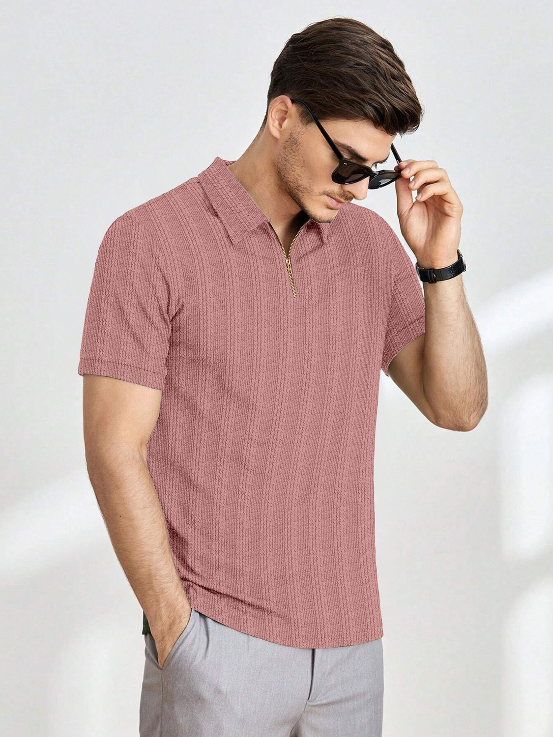 Image of COMBRAIDED Striped Men Zip Neck Pink T-Shirt