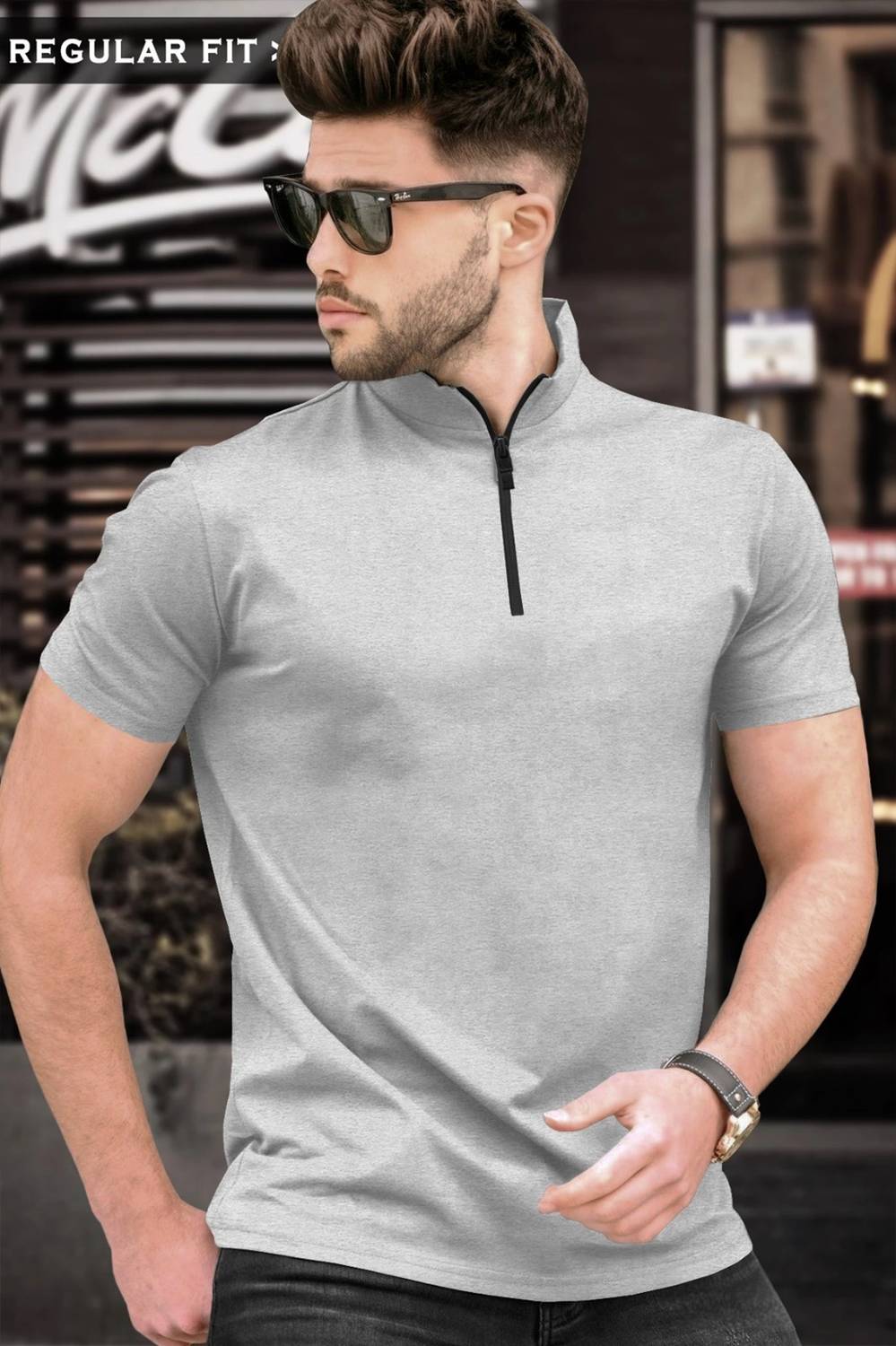TRIPR Men Solid Mandarin Collar Cotton Blend Grey T-Shirt