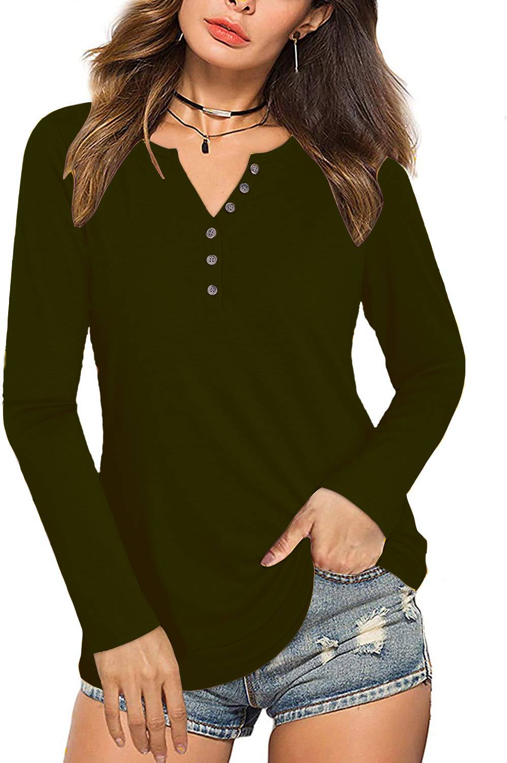Boldwink Solid Women V Neck Green T-Shirt