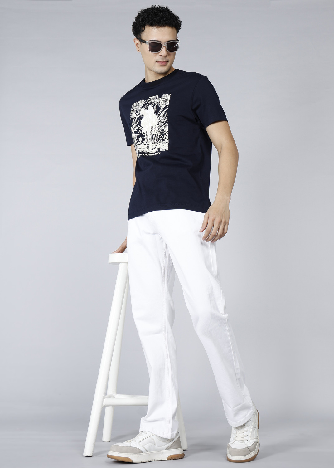 Image of U.S. Polo Assn. Denim Co. Men Graphic Print Round Neck Pure Cotton Blue T-Shirt