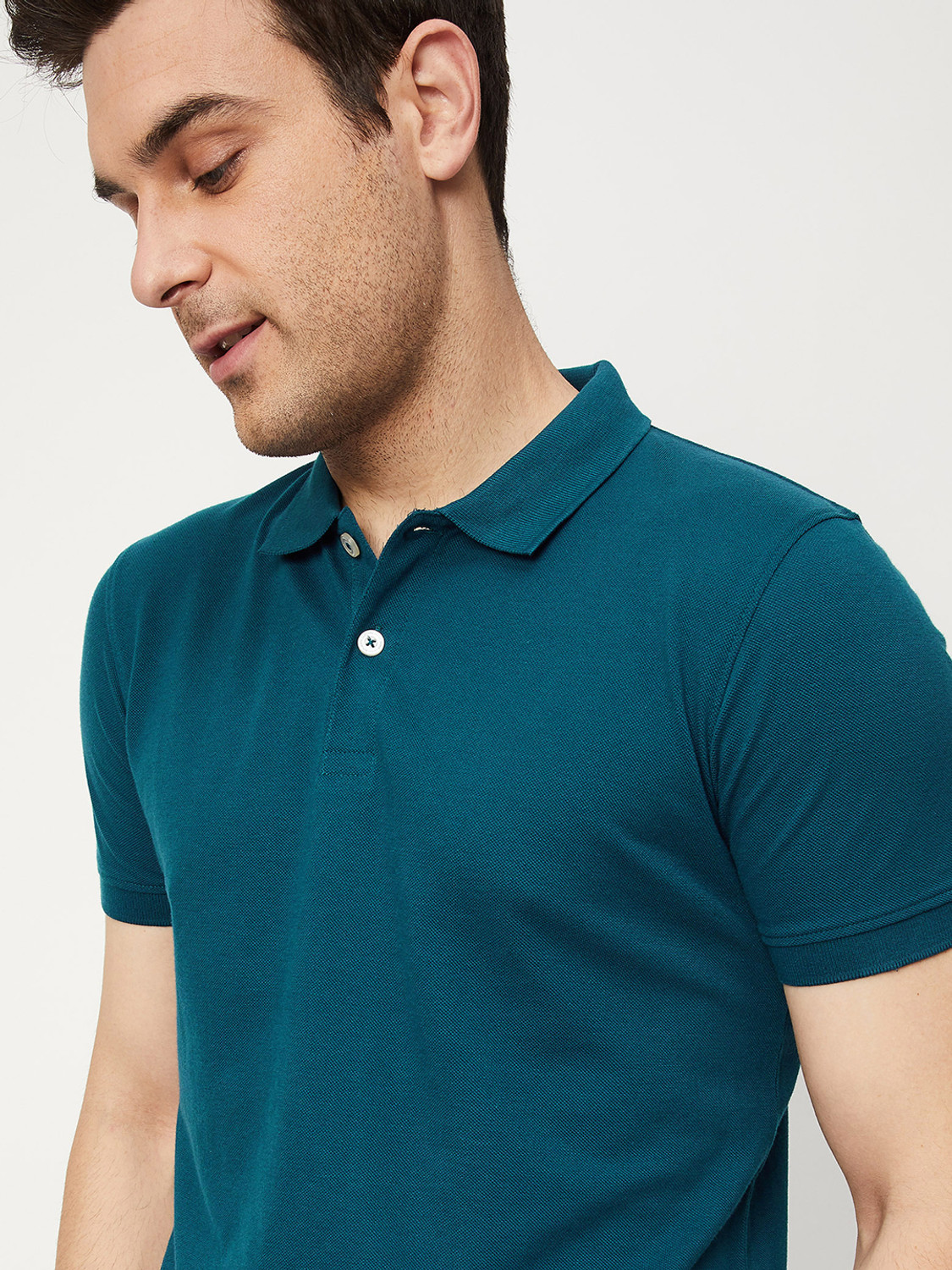 Image of MAX Solid Men Polo Neck Blue T-Shirt