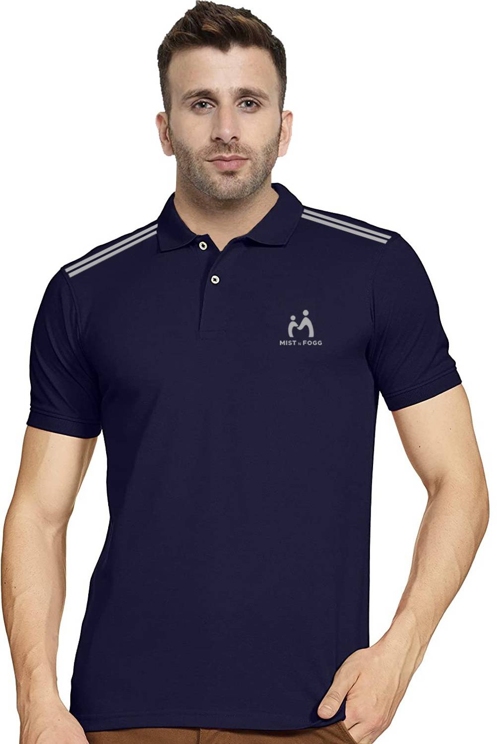 MIST N FOGG Men Solid Polo Neck Polyester Navy Blue T-Shirt