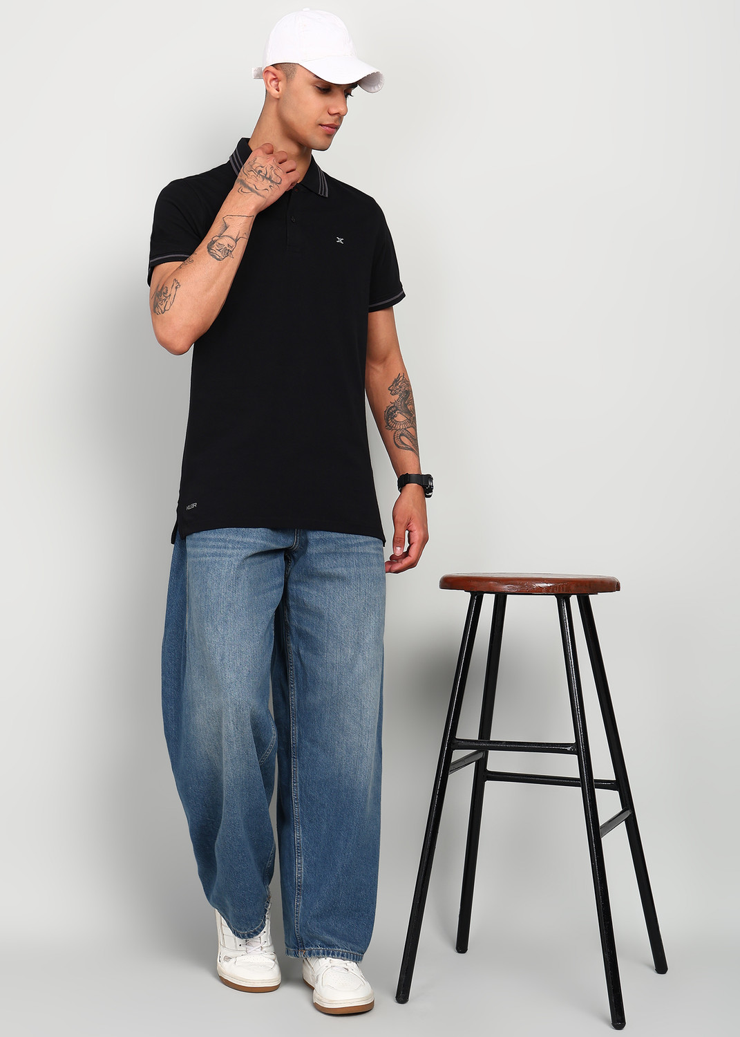 Image of KILLER Solid Men Polo Neck Black T-Shirt