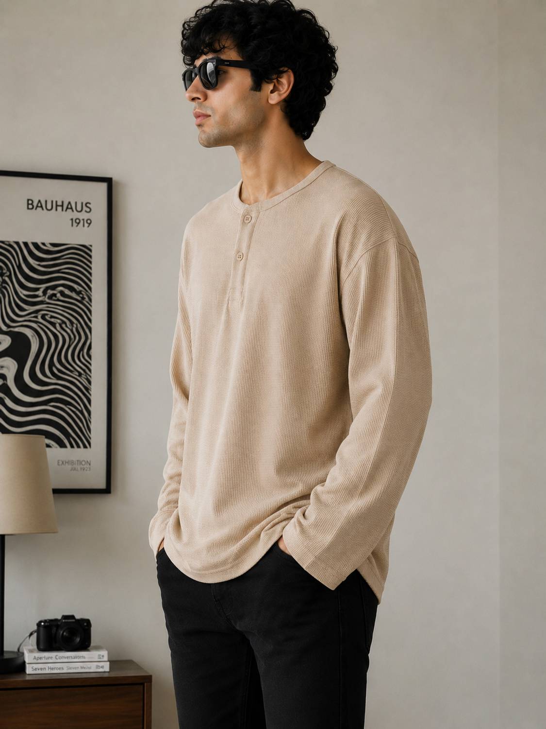 Snazzory Men Henley Neck Beige T-Shirt - Image 3