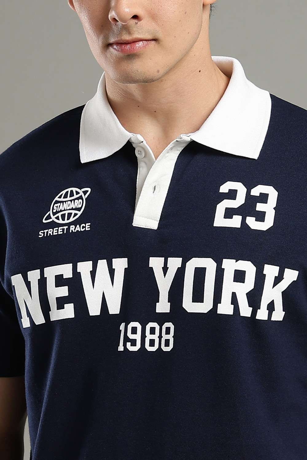 Image of SHINX Colorblock Men Polo Neck Navy Blue T-Shirt
