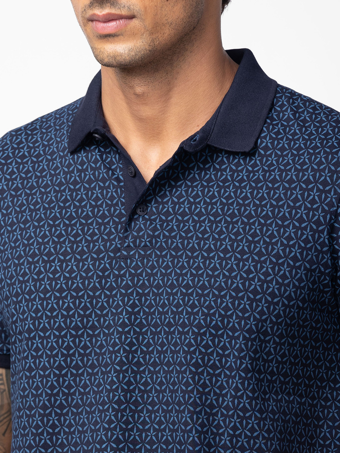 Image of Spykar Printed Men Polo Neck Blue T-Shirt
