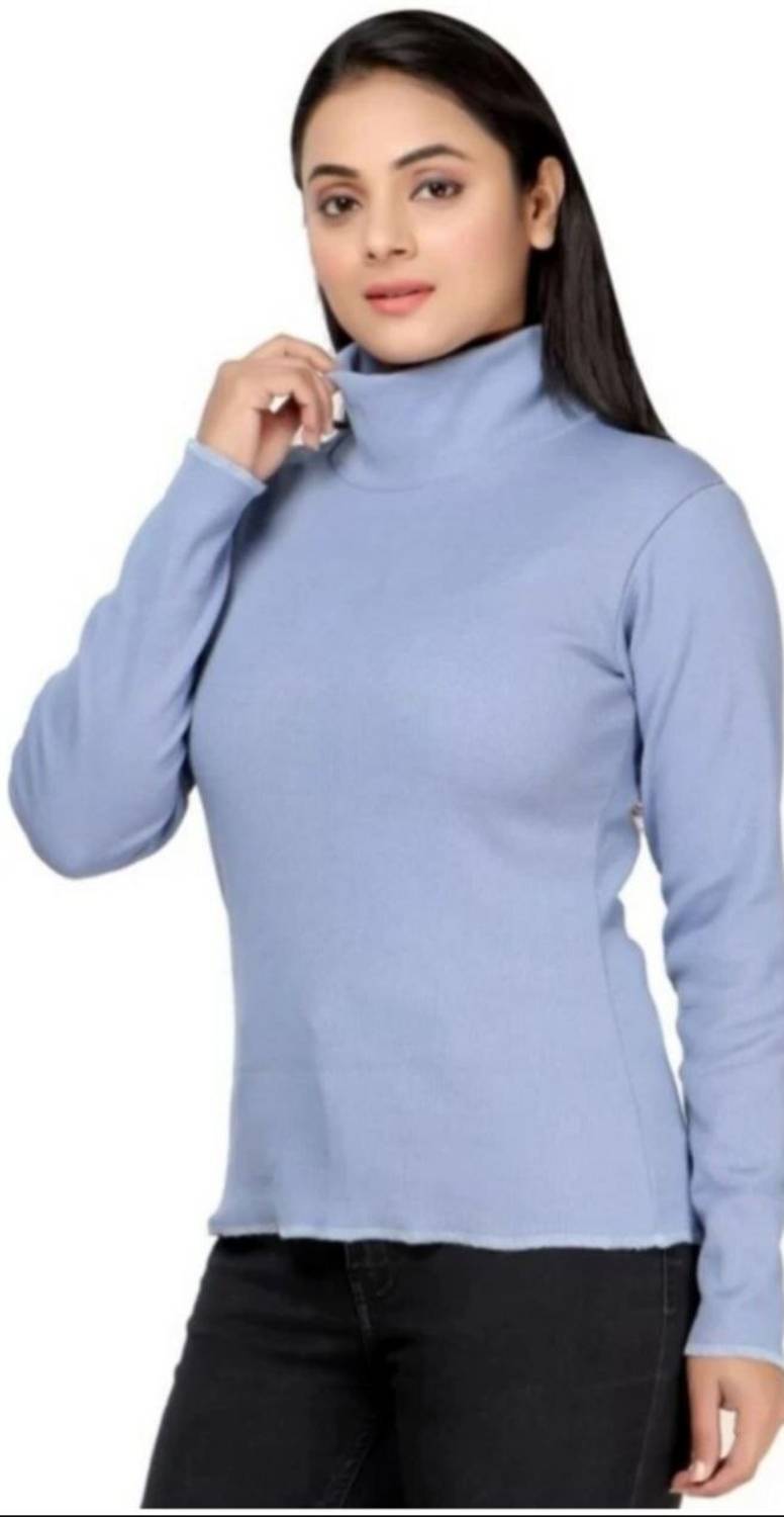 BNK Solid Women High Neck Light Blue T-Shirt