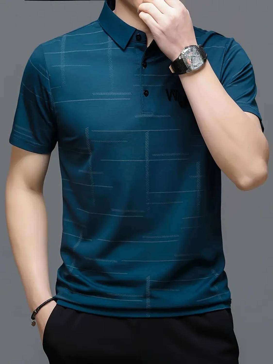 NAUGHTY Men Blue Striped Polo Neck T-Shirt - Image 4