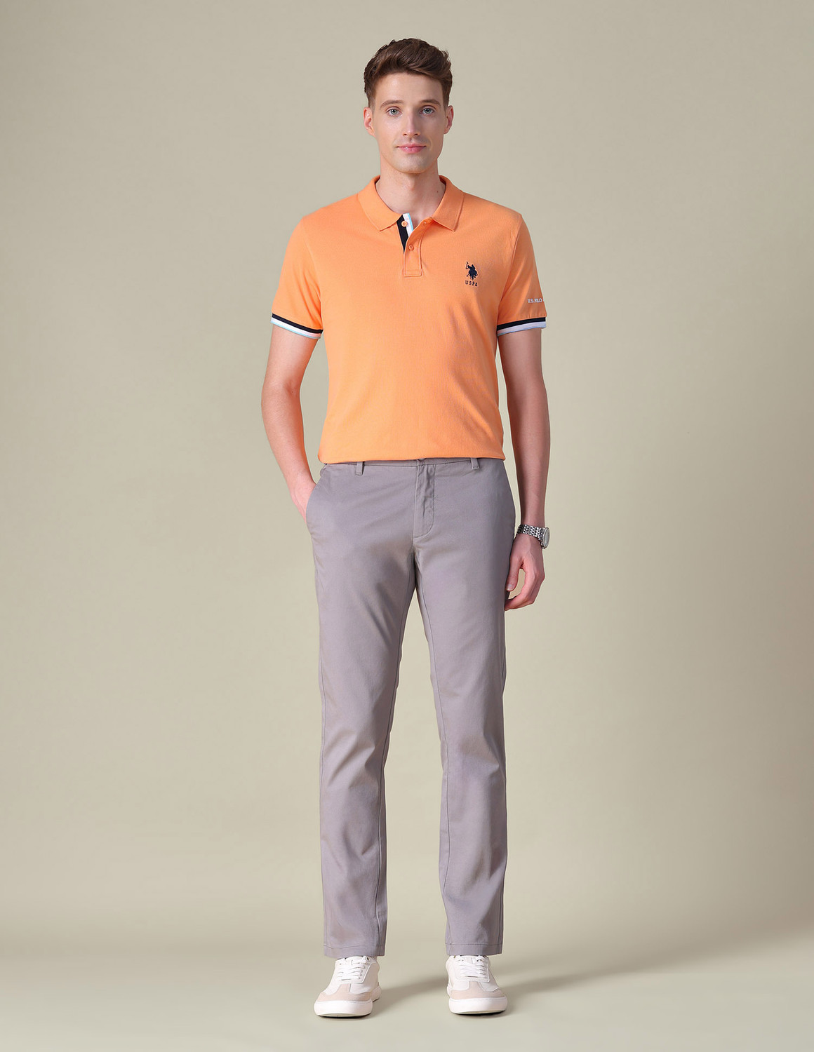 Image of U.S. POLO ASSN. Solid Men Polo Neck Orange T-Shirt