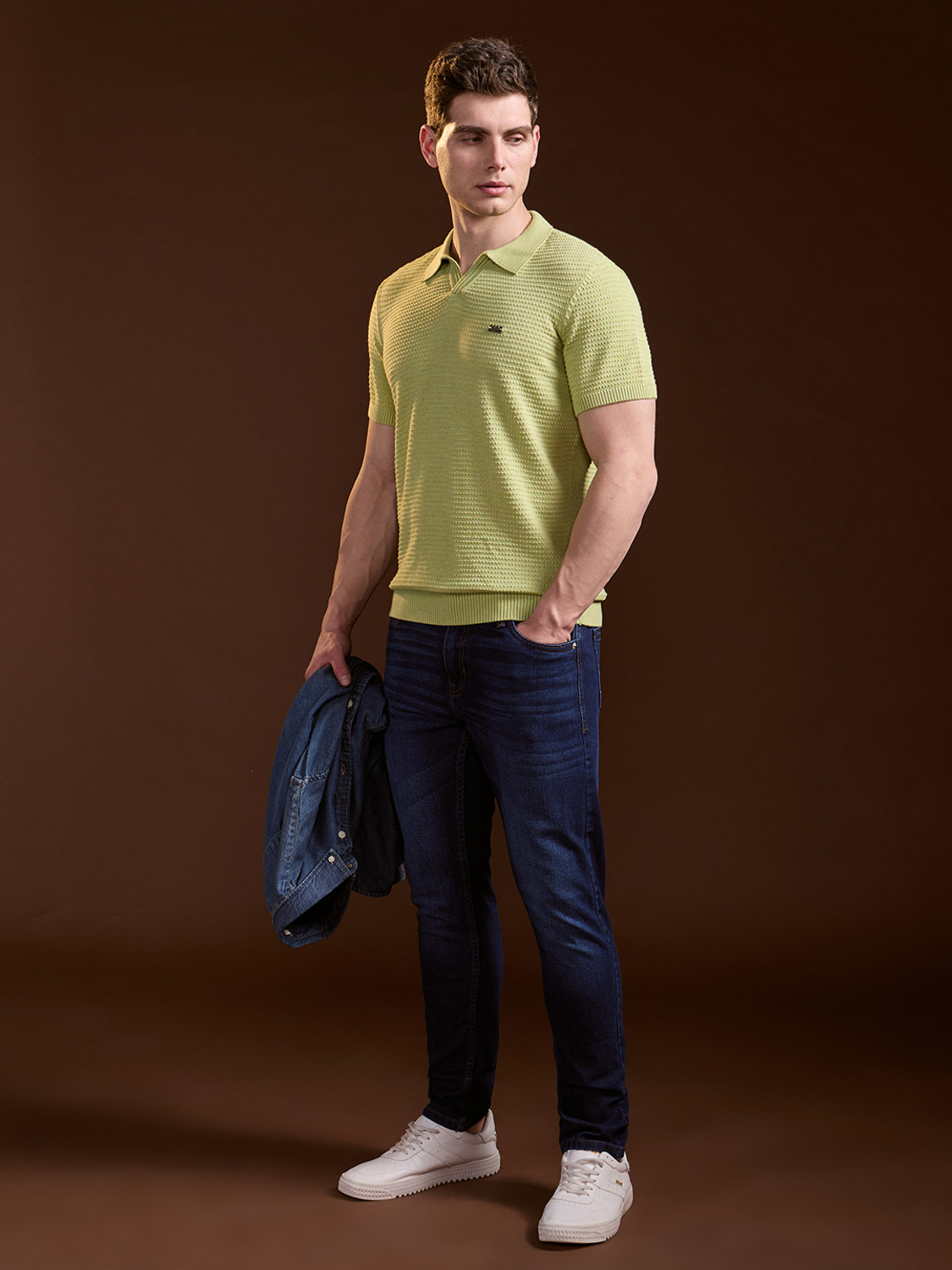 Image of THE BEAR HOUSE Self Design Men Polo Neck Green T-Shirt