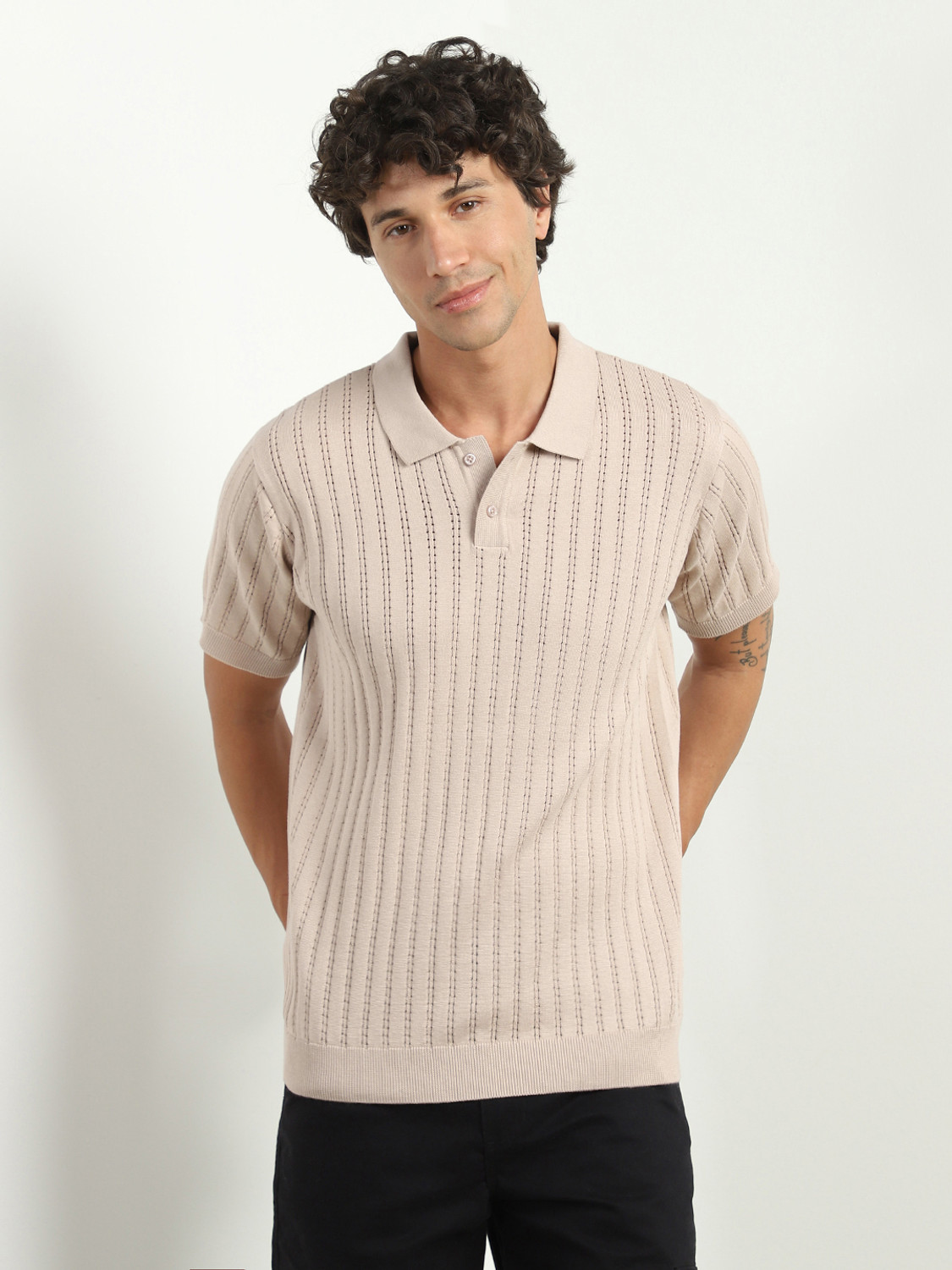 Image of NOBERO Self Design Men Polo Neck Beige T-Shirt