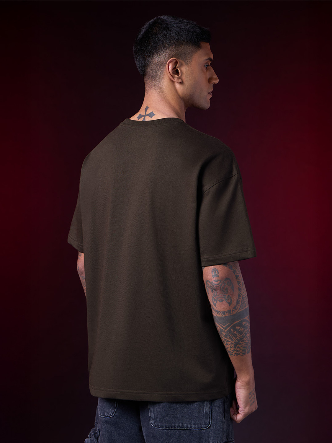 Image of The Souled Store Men Embroidered Round Neck Pure Cotton Brown T-Shirt