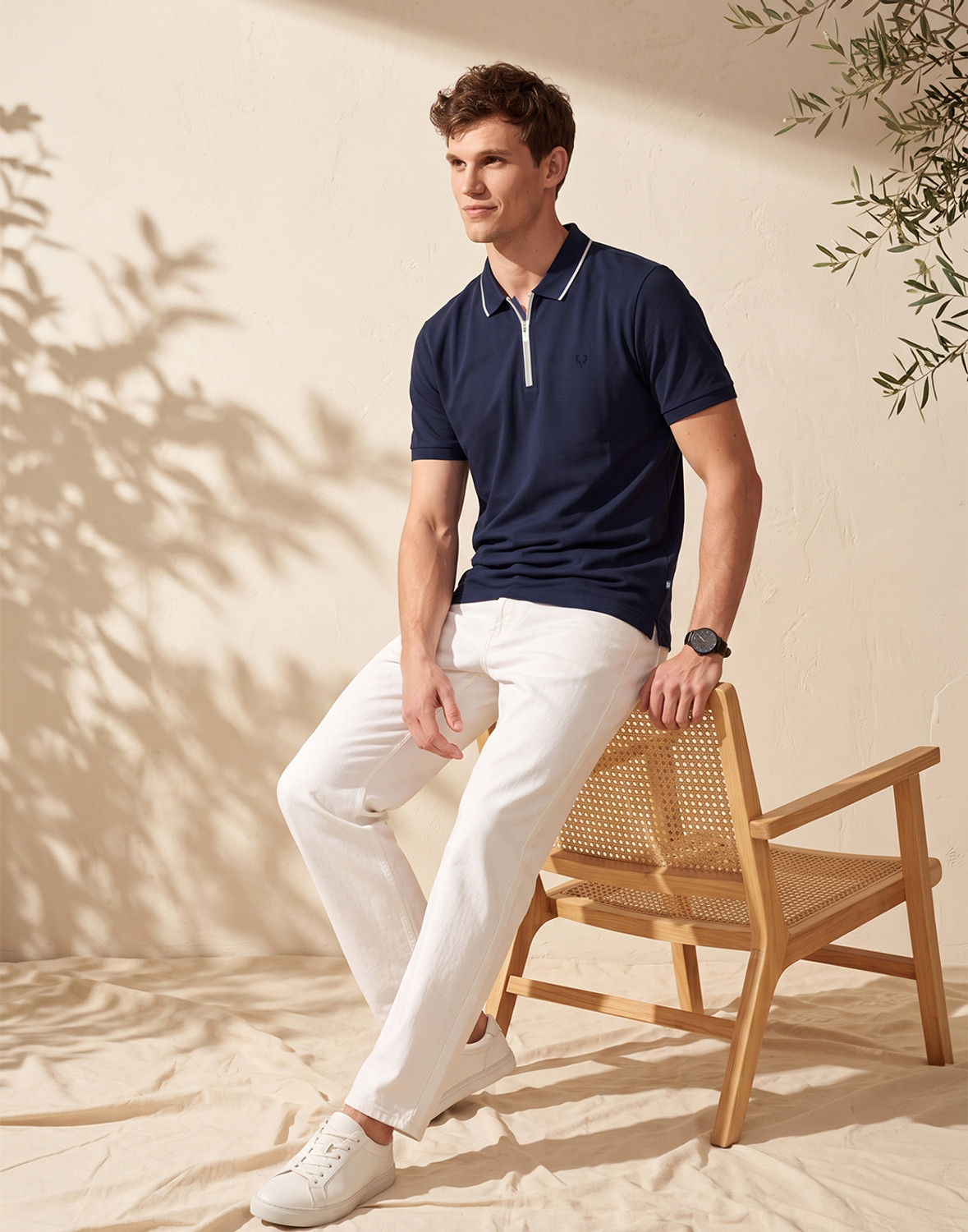 Image of Allen Solly Men Solid Polo Neck Cotton Blend Blue T-Shirt