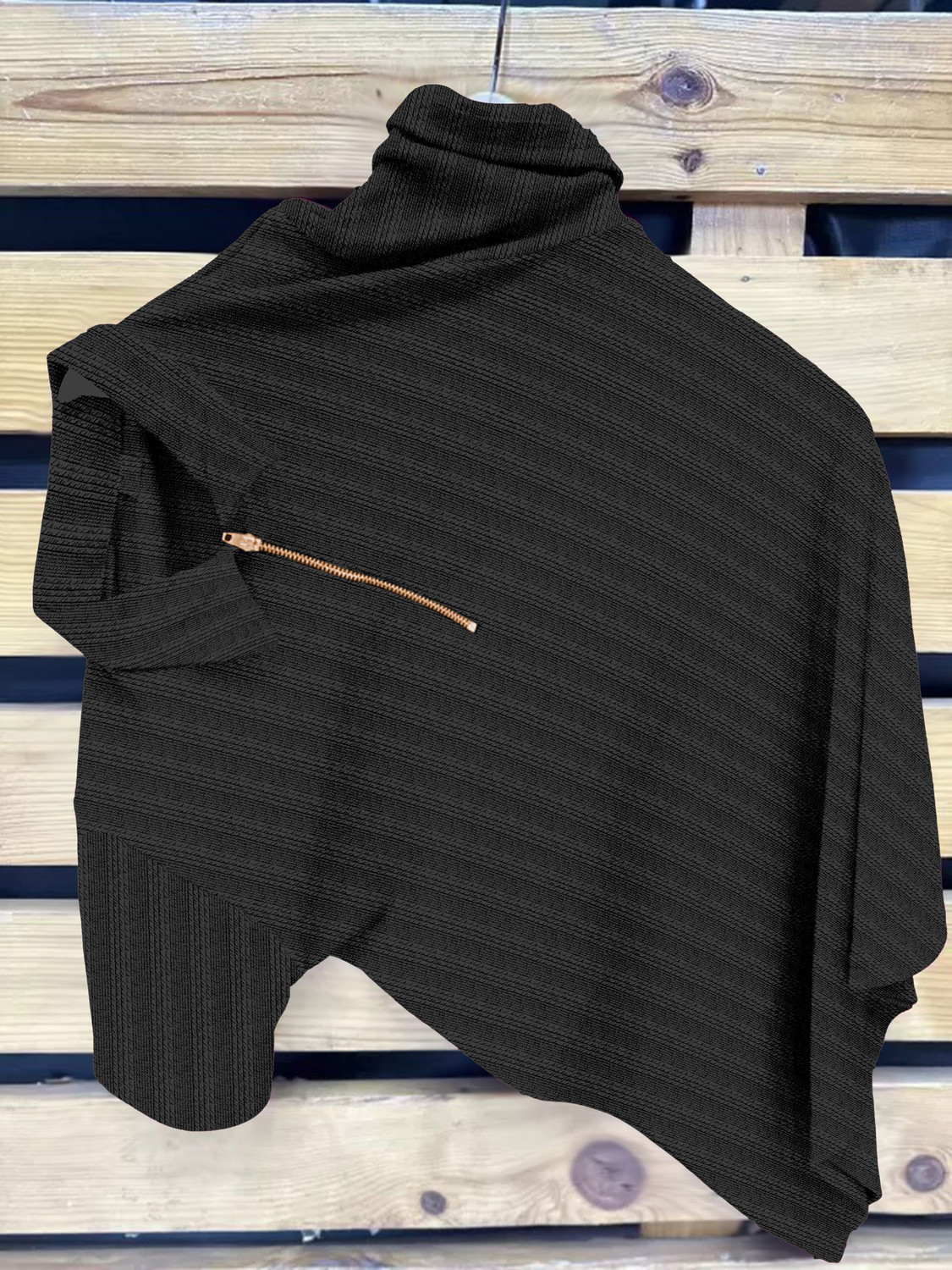 Image of COMBRAIDED Striped Men Zip Neck Black T-Shirt
