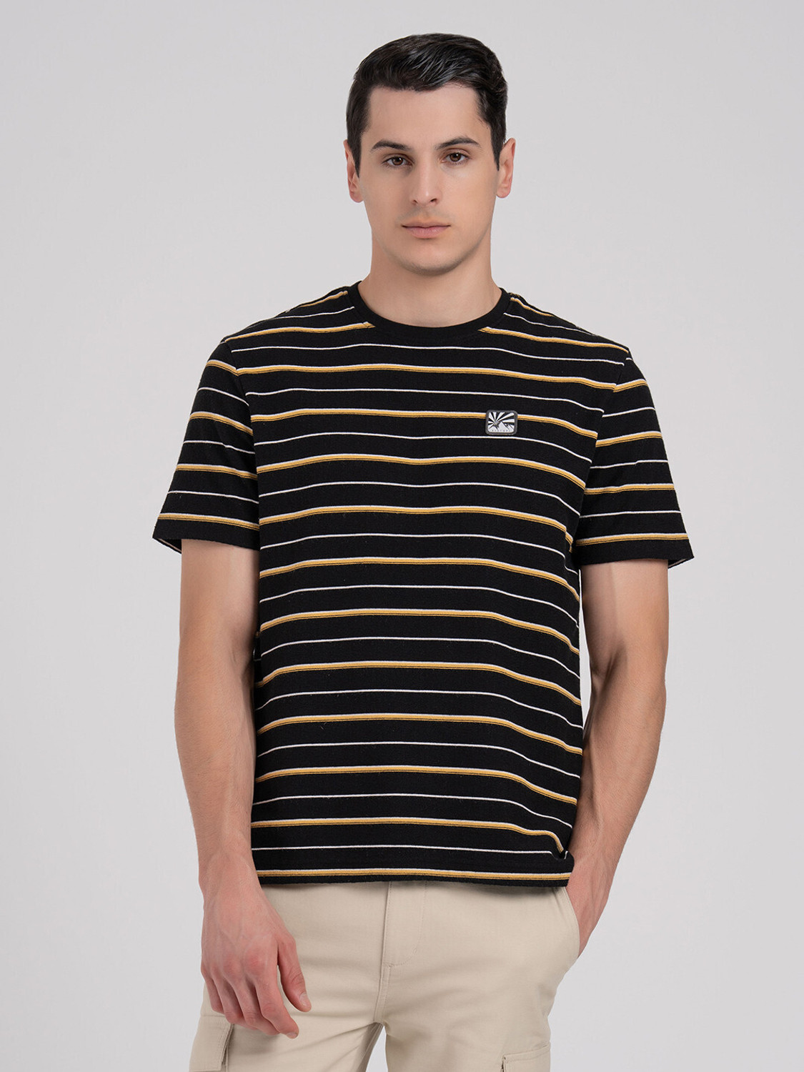 Image of RED TAPE Striped Men Round Neck Black T-Shirt