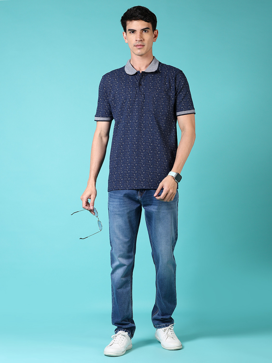 Image of V-MART Printed Men Polo Neck Blue T-Shirt