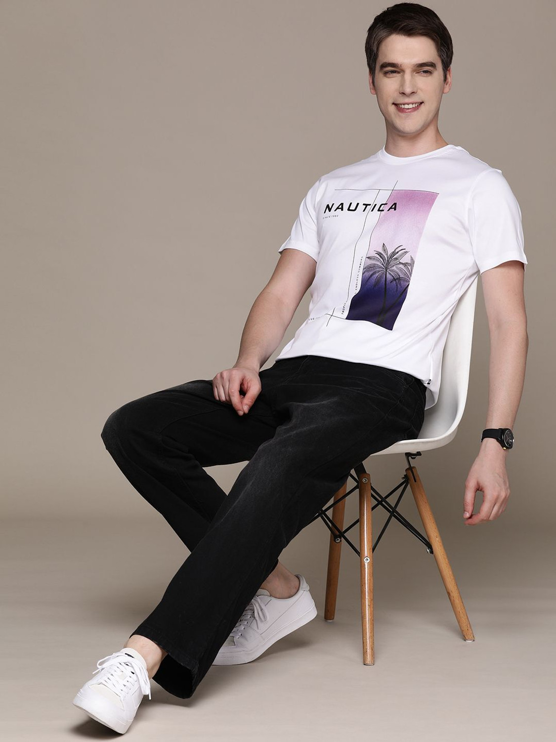 Image of NAUTICA Printed Men Round Neck White T-Shirt