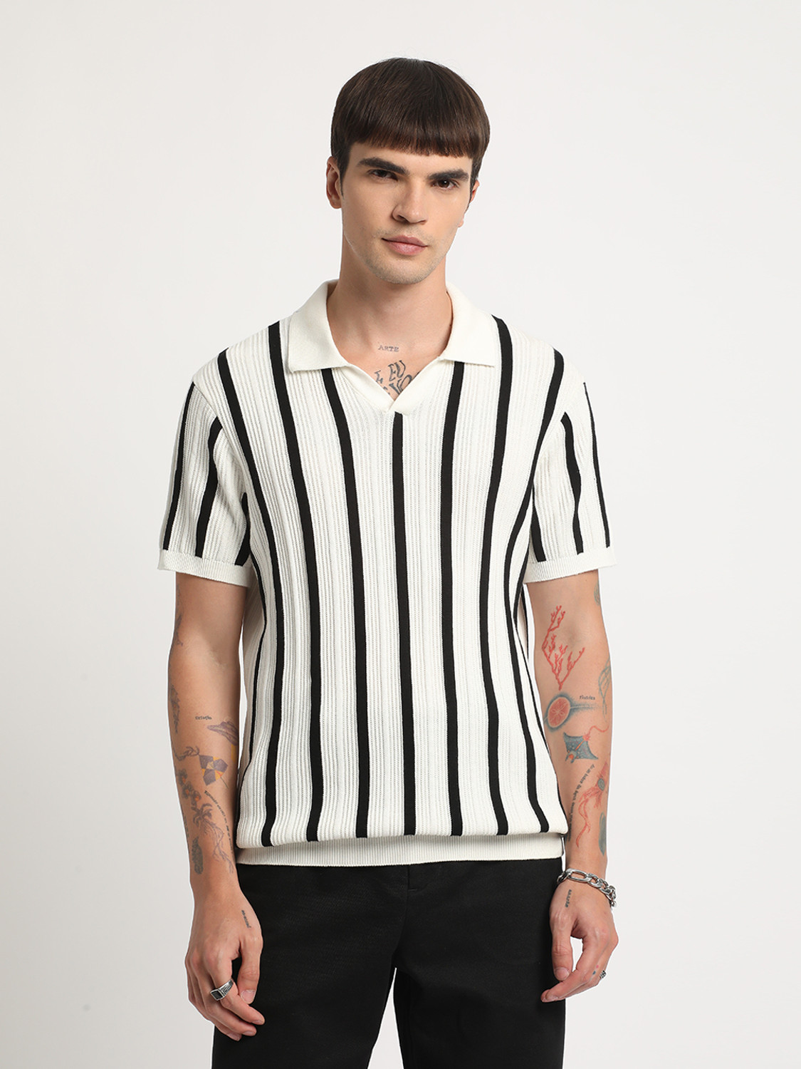 Image of THE BEAR HOUSE Striped Men Polo Neck White T-Shirt