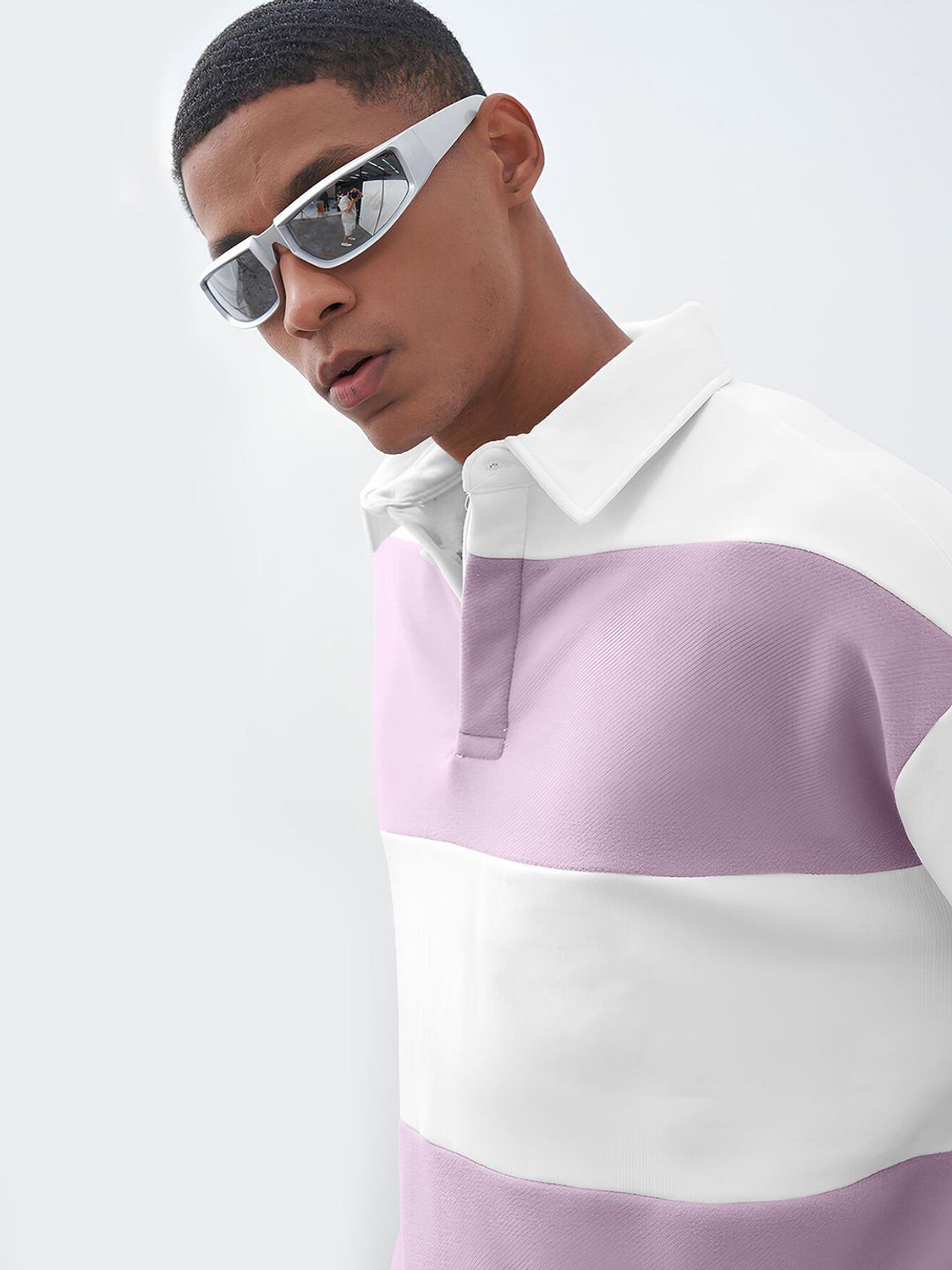 Image of MANIAC Men Colorblock Polo Neck Pure Cotton Purple, White T-Shirt