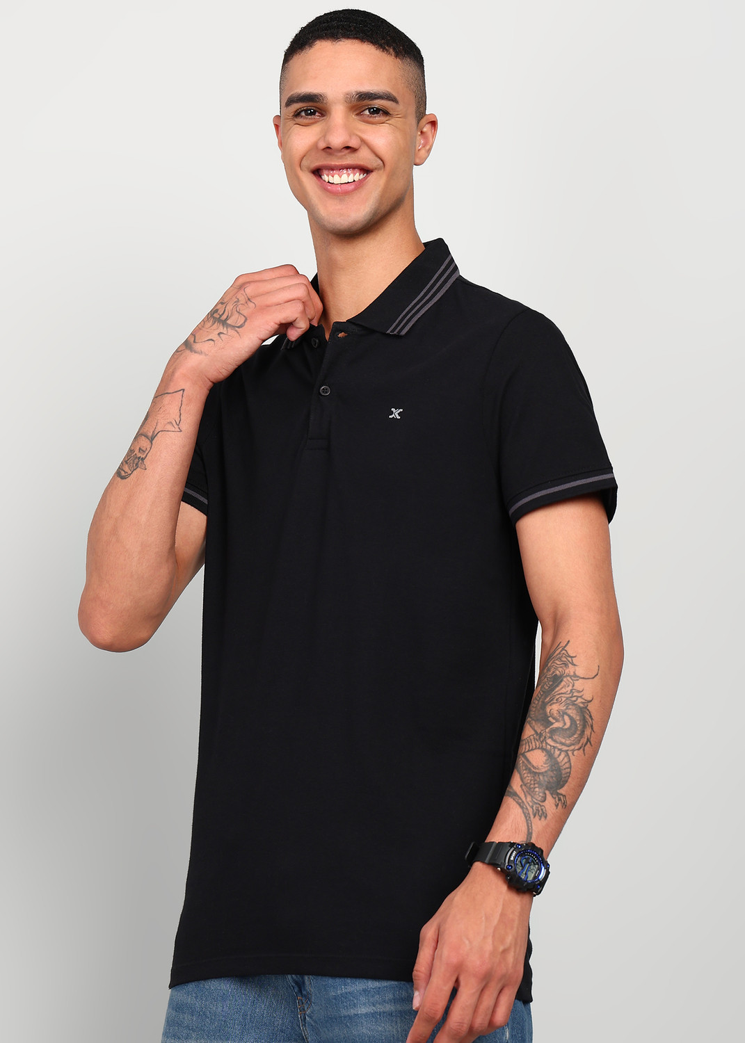 Image of KILLER Solid Men Polo Neck Black T-Shirt