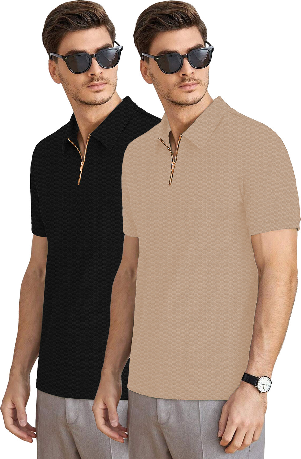 Image of KAJARU Self Design Men Zip Neck Black, Beige T-Shirt