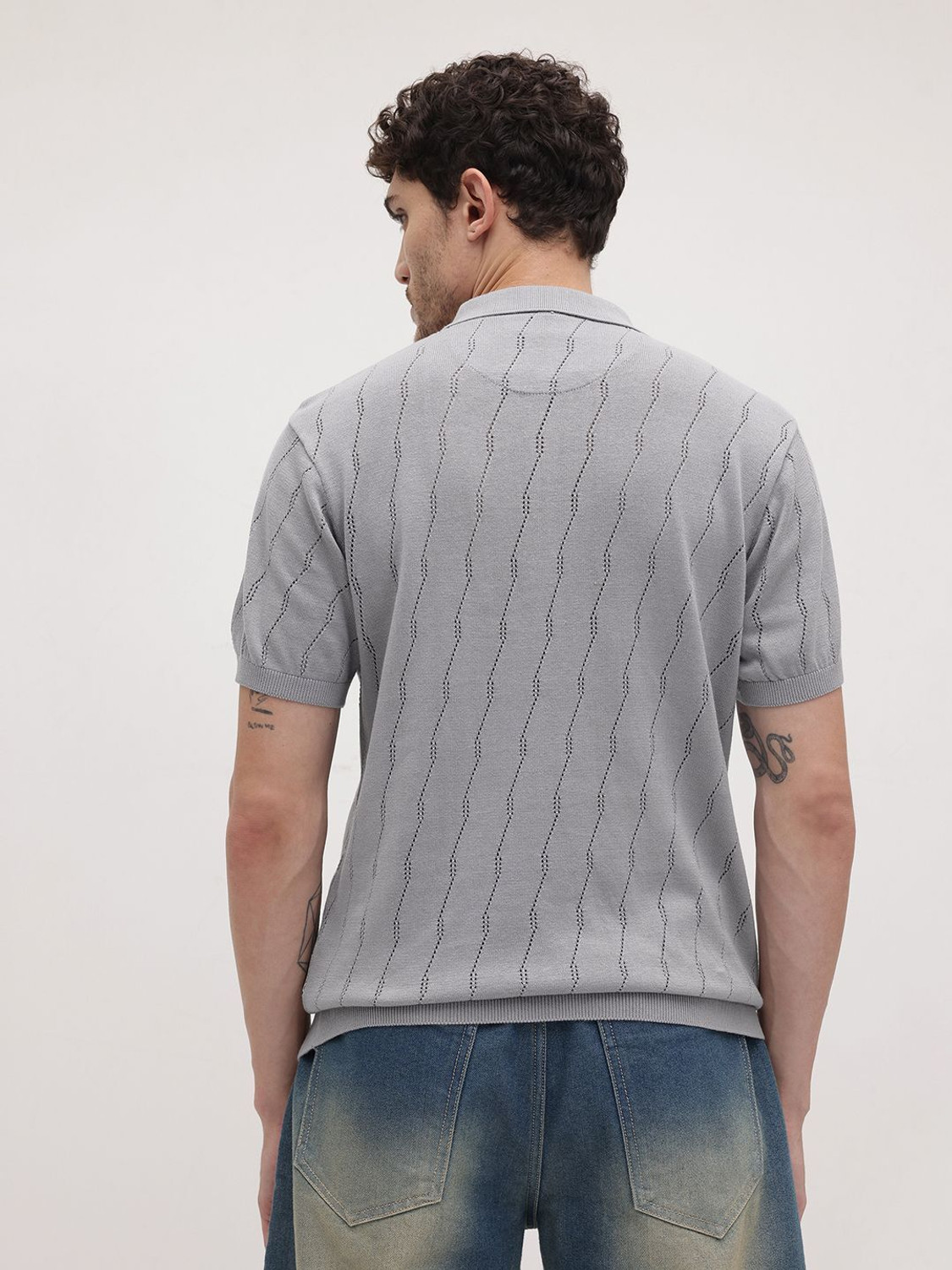 Image of Roadster Self Design Men Polo Neck Grey T-Shirt