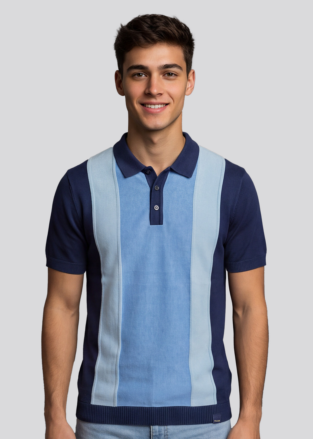 Image of KILLER Flat knit Men Striped Polo Neck Cotton Blend Navy Blue T-Shirt