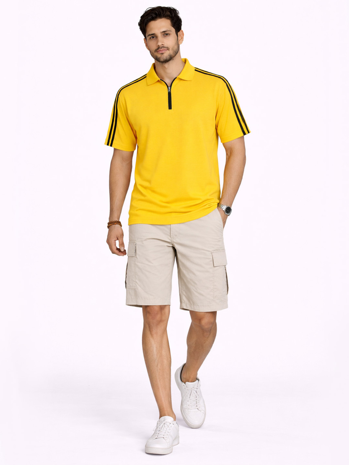 Image of RULEDBYSUN Striped, Solid Men Zip Neck Yellow T-Shirt