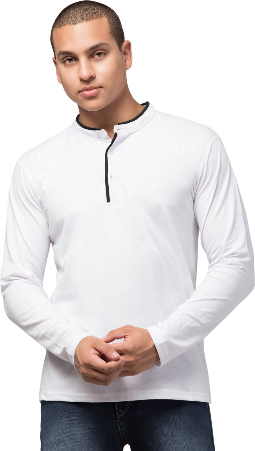 Treasurelook Solid Men Mandarin Collar White T-Shirt