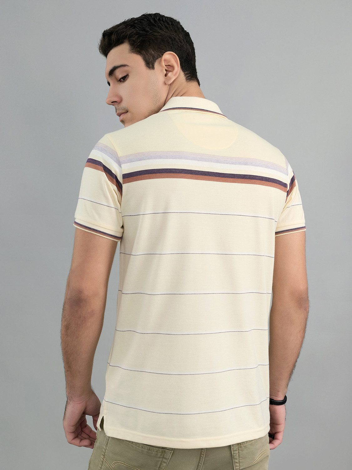Image of MONTE CARLO Men Striped Polo Neck Cotton Blend Orange T-Shirt