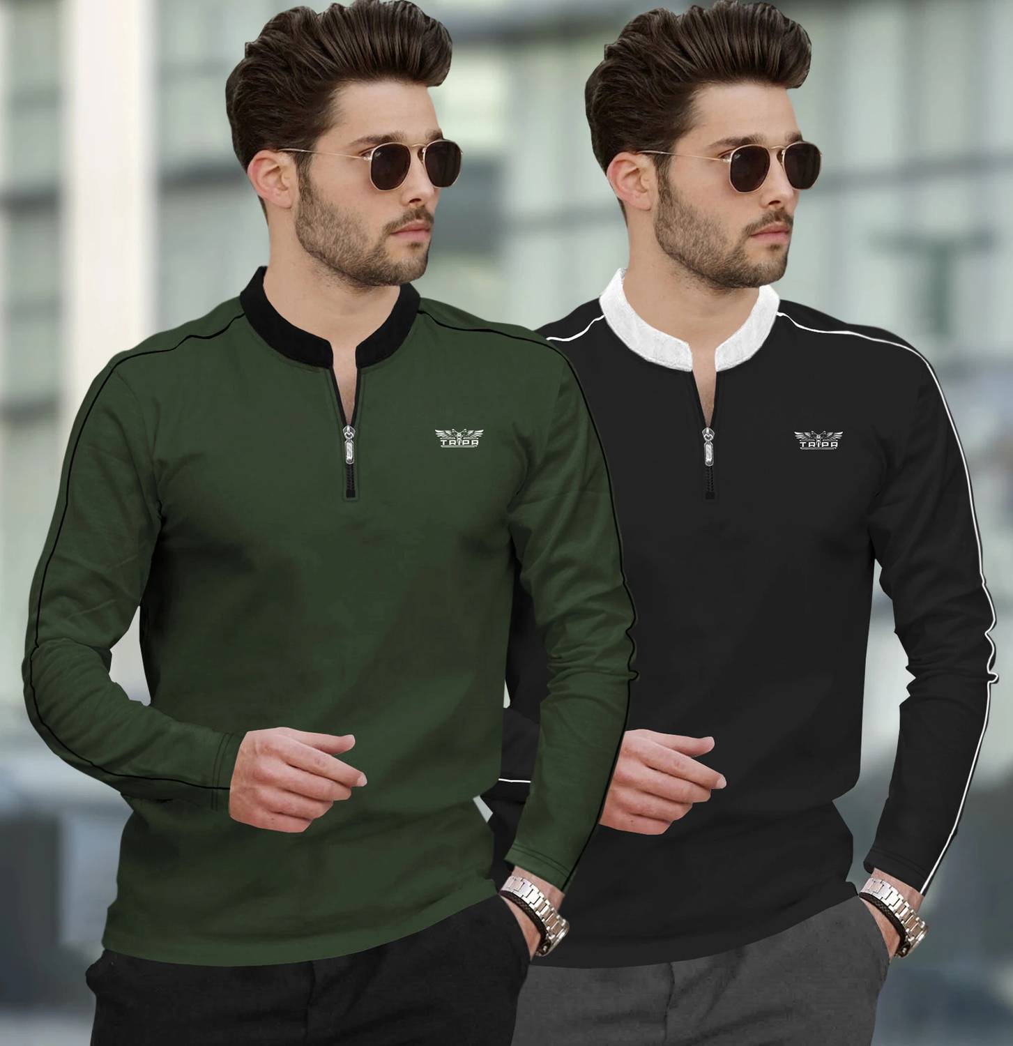 TRIPR Pack of 2 Men Solid Mandarin Collar Cotton Blend Dark Green