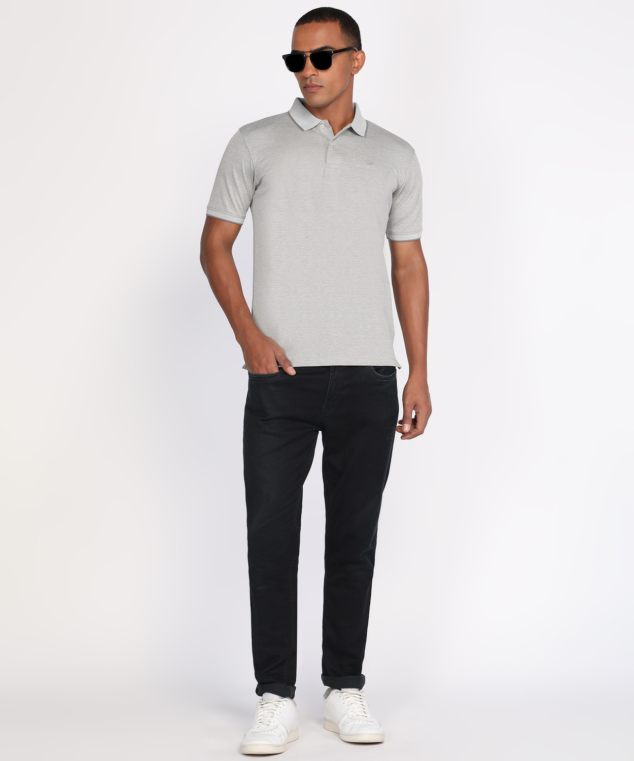 Image of PETER ENGLAND Solid Men Polo Neck Grey T-Shirt