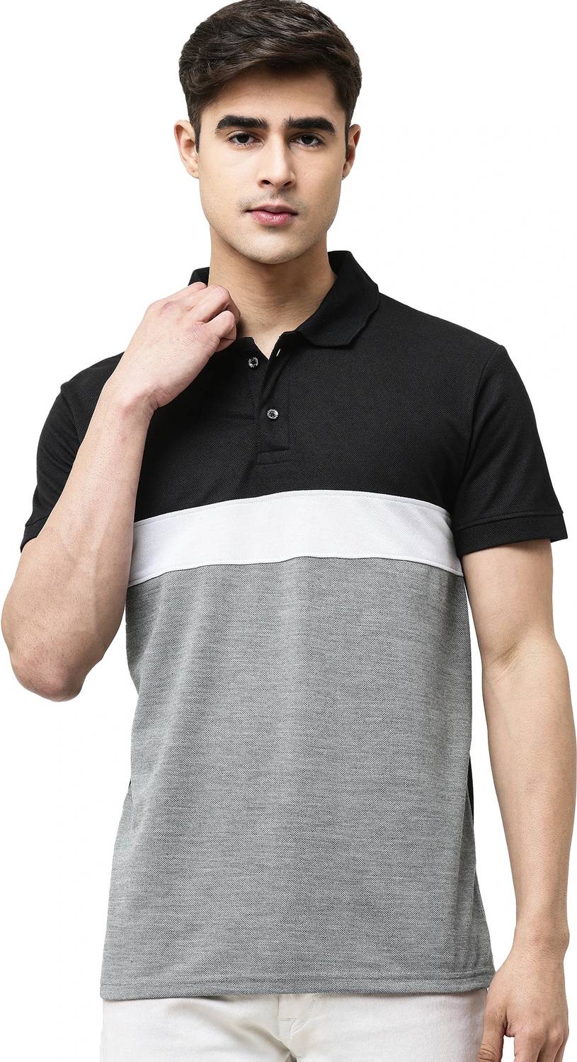 Leotude Men Colorblock Polo Neck Cotton Blend Black T-Shirt