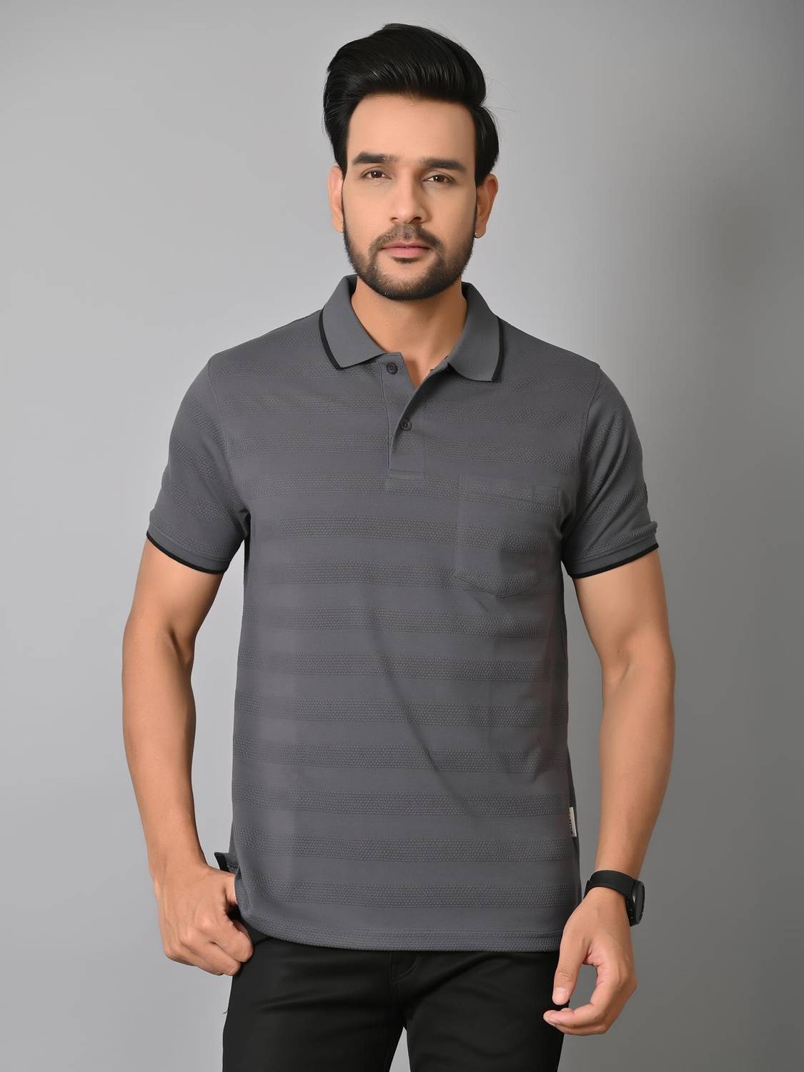 Arbour Solid Men Polo Neck Grey T-Shirt