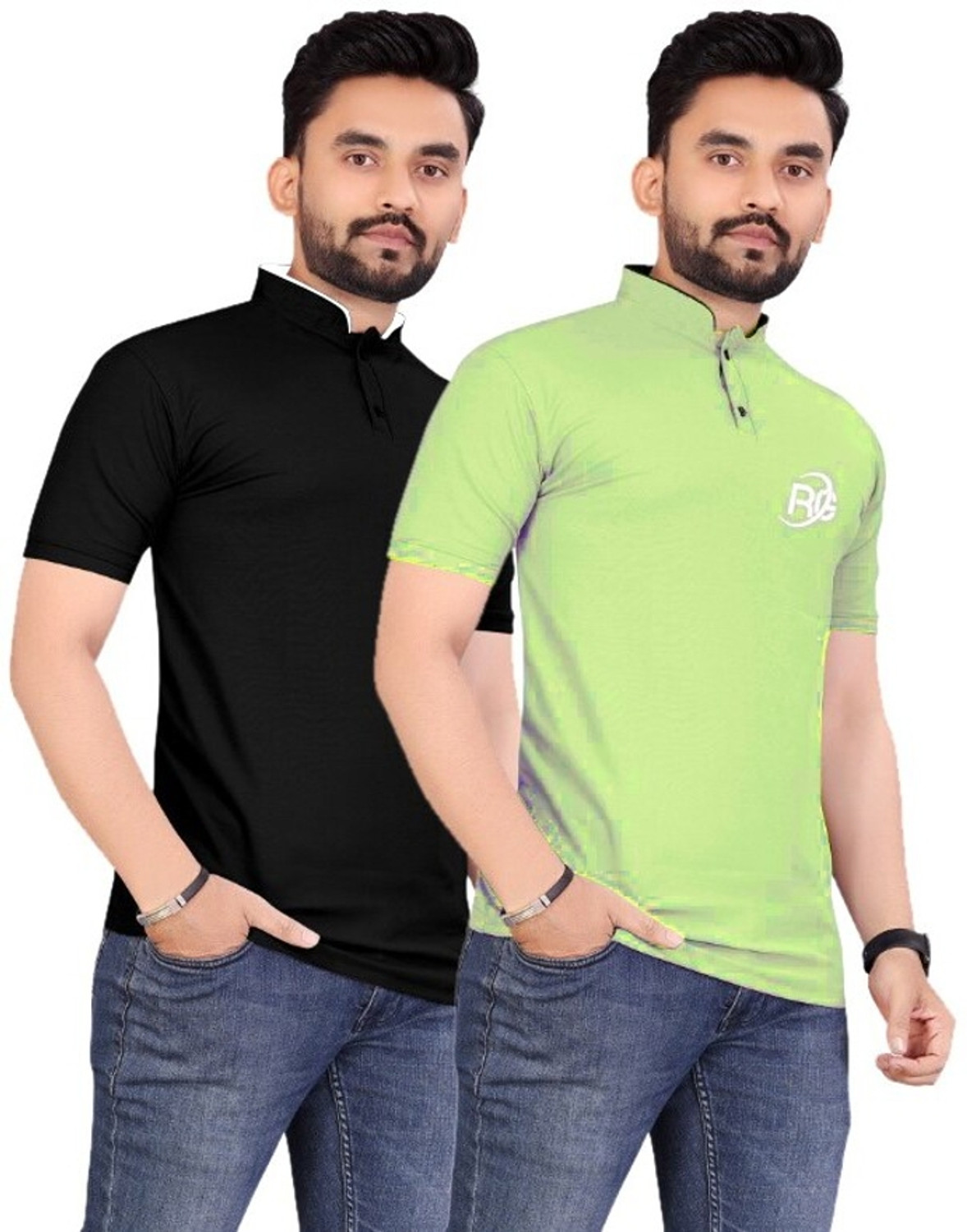 Image of rggarment Printed Men Mandarin Collar Black, Light Green T-Shirt