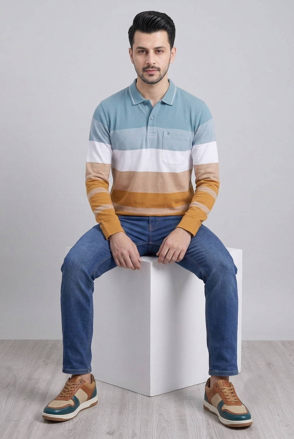 Image of PRORIDERS Men Striped Polo Neck Cotton Blend Green T-Shirt